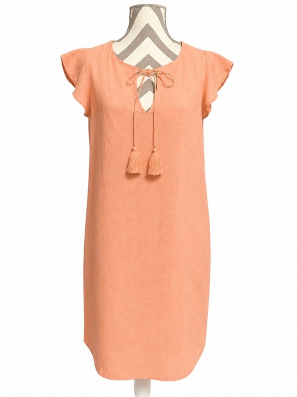 Valentina Naldi Linen Dress Medium Tie-Neck Peach Midi Tassel Detail
